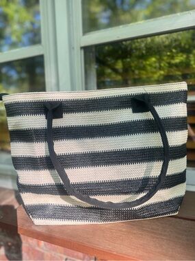 Striped Black and White Tote Bag - Classic Beach & Market Carryall